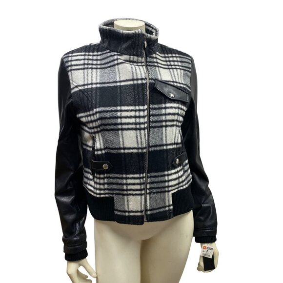 Guess Plaid & Faux Leather Womens Bomber Jacket With‎ Zipper & Pockets - Size M - Picture 2 of 10